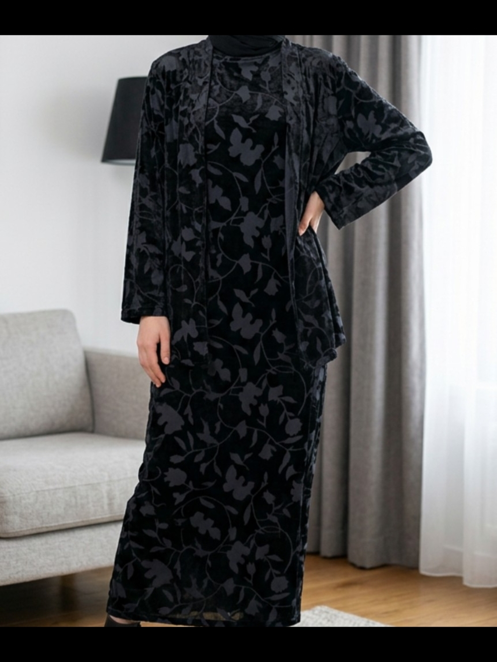 Women’s Navy Blue Floral Velvet Two-Piece Set
